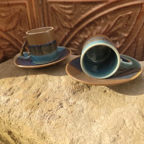 espresso demitasse ceramic, blue and brown cup and saucer - Picture 2 of 3